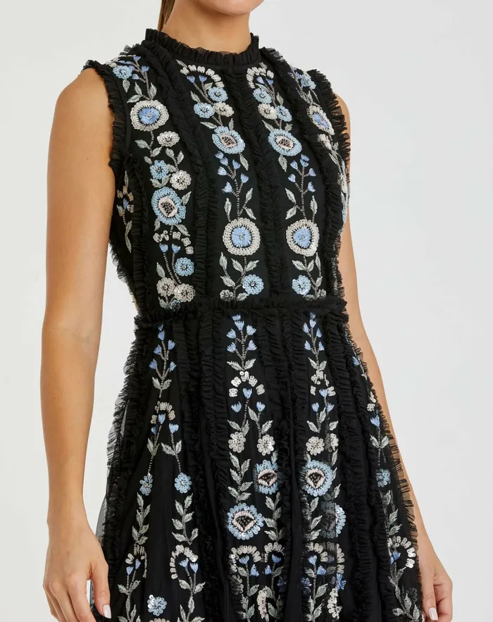 Mac Duggal Black Sleeveless High Neck Embroidered Mini Dress Black Women Daytime Dresses