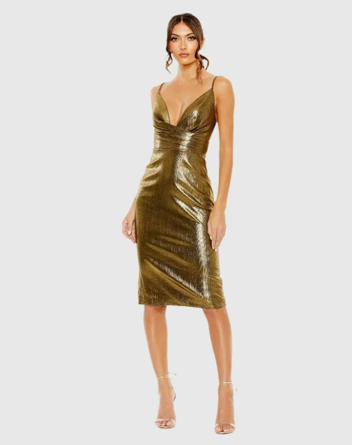 Mac Duggal Cocktail Dresses Women Gold Metallic V Neck Midi Dress Antique Gold