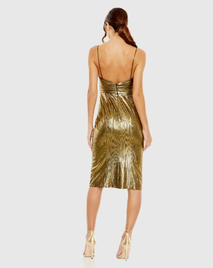 Mac Duggal Cocktail Dresses Women Gold Metallic V Neck Midi Dress Antique Gold