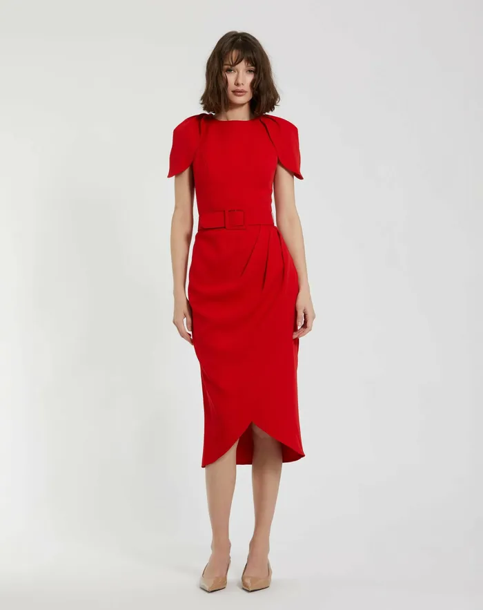 Mac Duggal Crepe Boat Neck Midi Tulip Dress With Belt Cherry Women Every Day Dresses