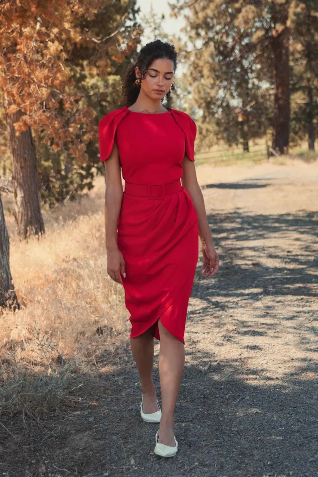 Mac Duggal Crepe Boat Neck Midi Tulip Dress With Belt Cherry Women Every Day Dresses