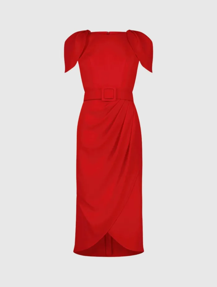Mac Duggal Crepe Boat Neck Midi Tulip Dress With Belt Cherry Women Every Day Dresses