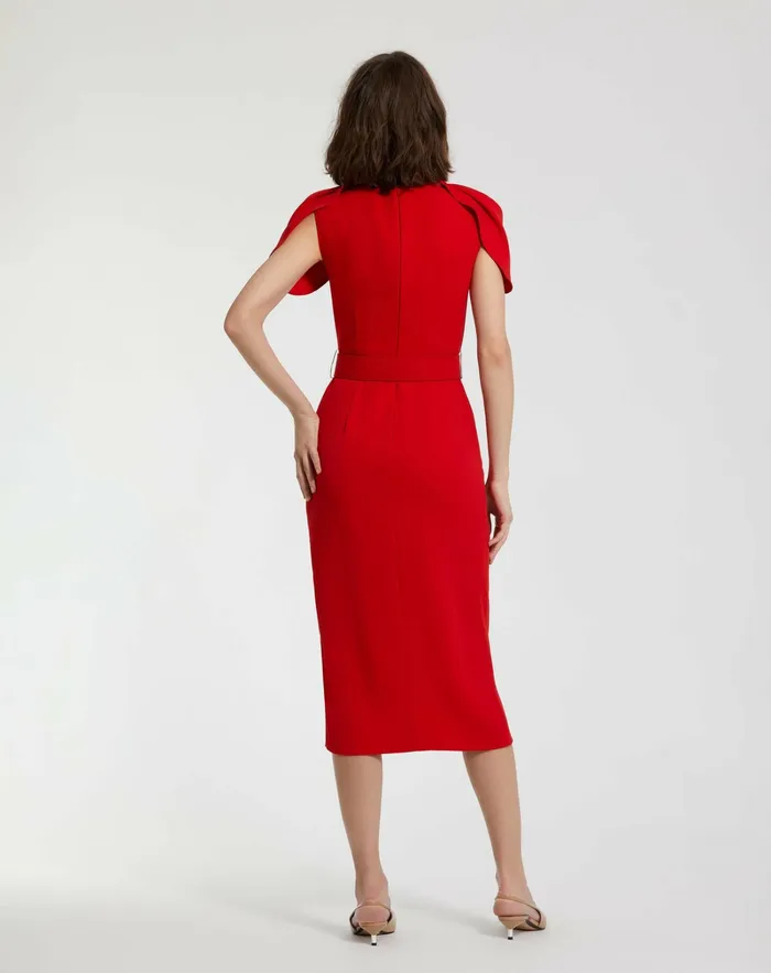 Mac Duggal Crepe Boat Neck Midi Tulip Dress With Belt Cherry Women Every Day Dresses