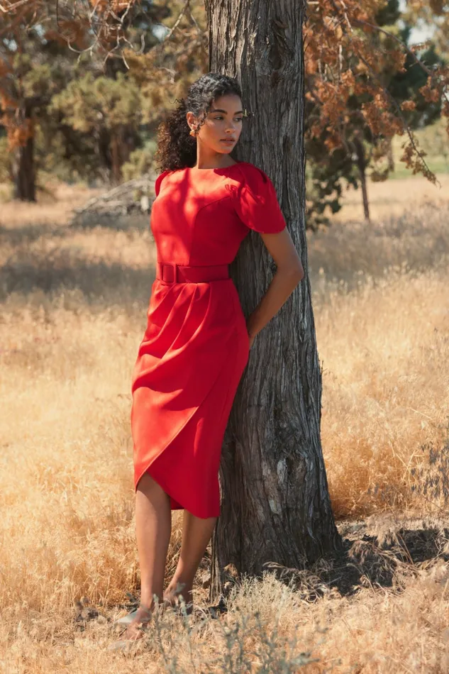 Mac Duggal Crepe Boat Neck Midi Tulip Dress With Belt Cherry Women Every Day Dresses