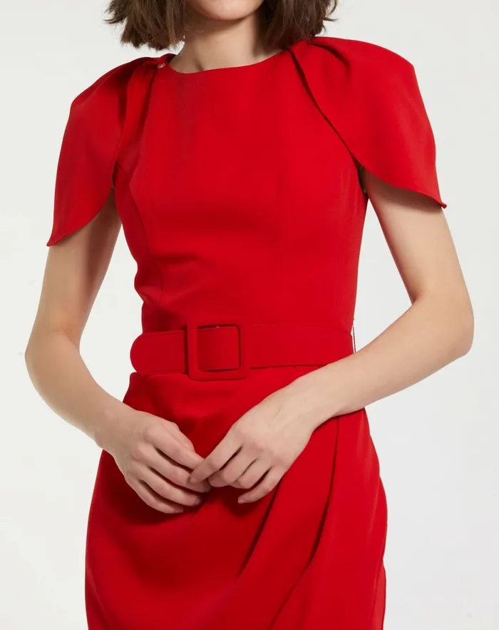 Mac Duggal Crepe Boat Neck Midi Tulip Dress With Belt Cherry Women Every Day Dresses