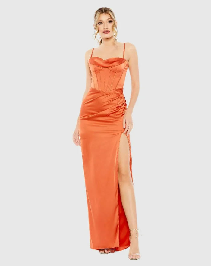 Mac Duggal Evening Gowns Women Bustier Side Ruched Bodycon Gown Burnt Orange
