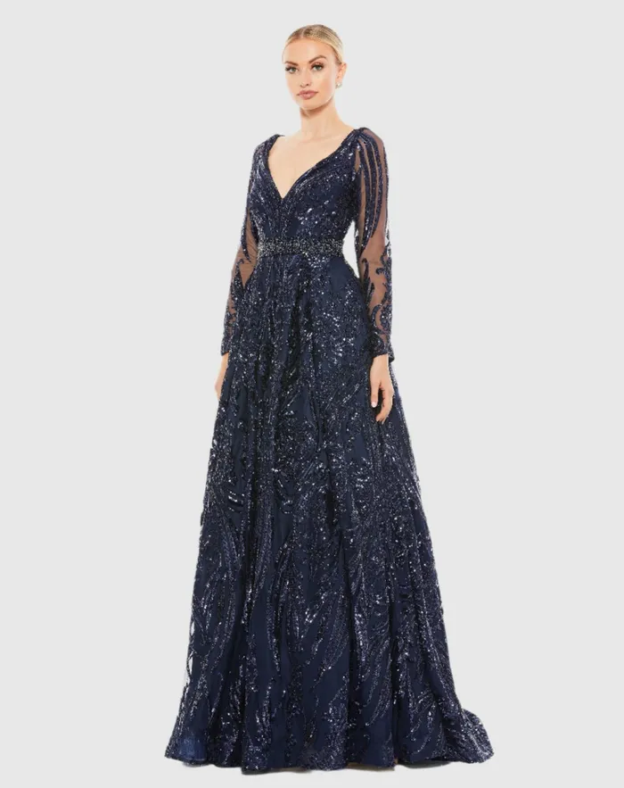 Mac Duggal Evening Gowns Women Long Sleeve Embellished Evening Gown Midnight