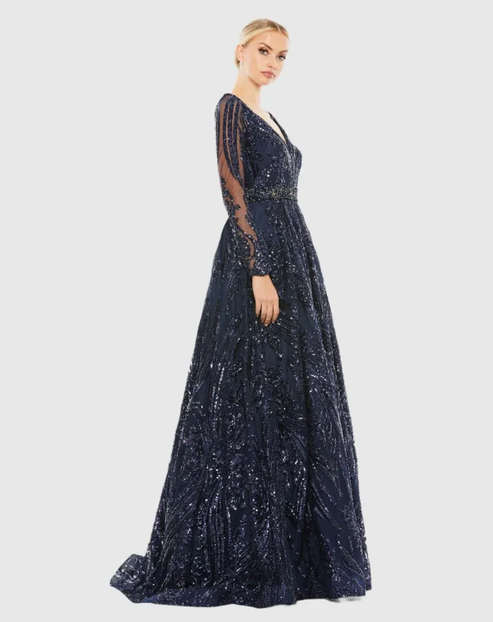 Mac Duggal Evening Gowns Women Long Sleeve Embellished Evening Gown Midnight