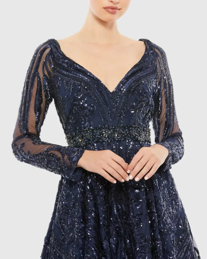 Mac Duggal Evening Gowns Women Long Sleeve Embellished Evening Gown Midnight