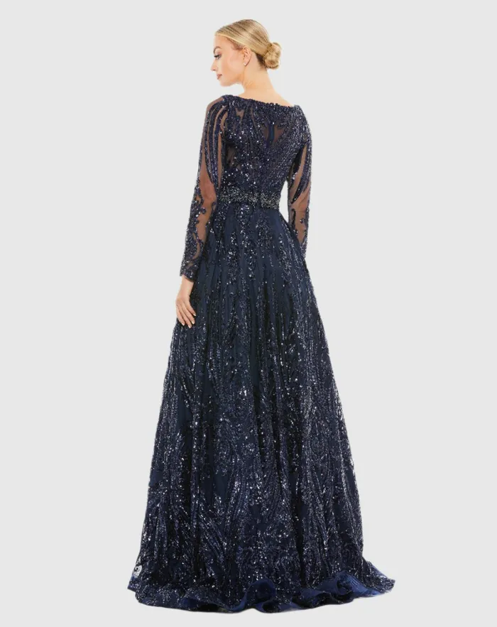 Mac Duggal Evening Gowns Women Long Sleeve Embellished Evening Gown Midnight