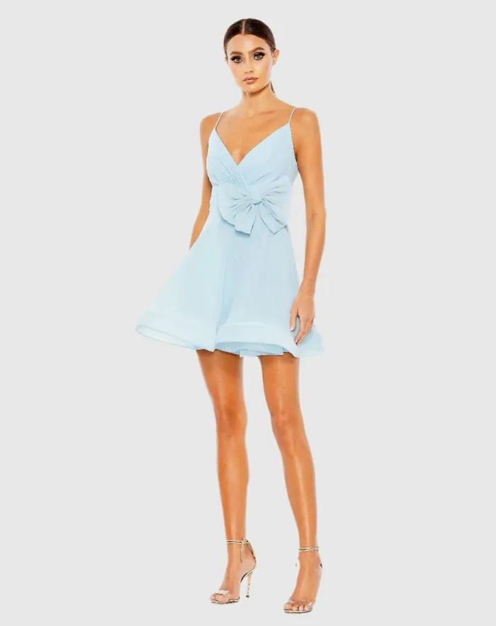 Mac Duggal Faux Wrap Bow Detail Flowy Mini Dress Powder Blue Women Daytime Dresses