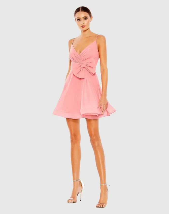 Mac Duggal Faux Wrap Bow Detail Flowy Mini Dress Powder Blue Women Daytime Dresses