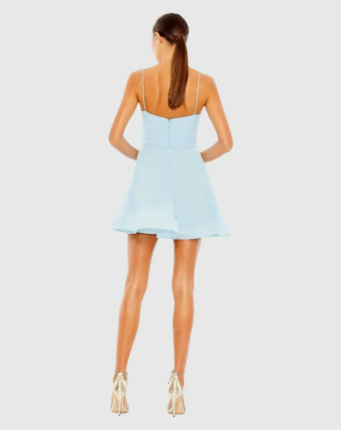 Mac Duggal Faux Wrap Bow Detail Flowy Mini Dress Powder Blue Women Daytime Dresses