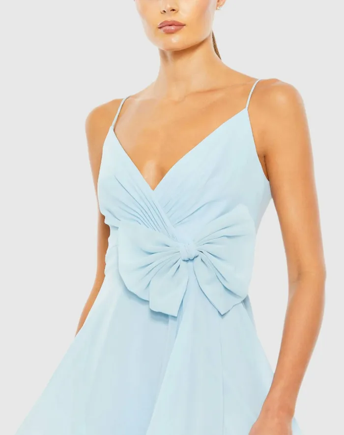 Mac Duggal Faux Wrap Bow Detail Flowy Mini Dress Powder Blue Women Daytime Dresses