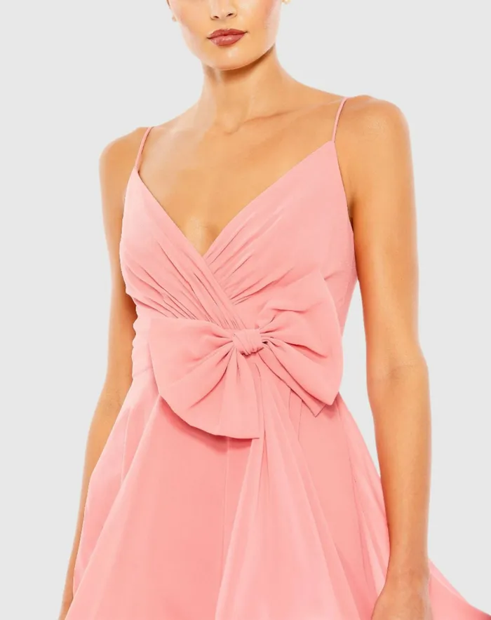 Mac Duggal Faux Wrap Bow Detail Flowy Mini Dress Powder Blue Women Daytime Dresses