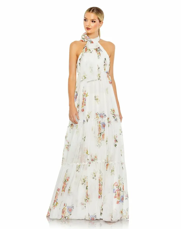 Mac Duggal Floral Print Ruched Tiered High Neck Bow Gown White Multi Women Evening Gowns Mac Duggal Floral Print Ruched Tiered High Neck Bow Gown White Multi Women Evening Gowns