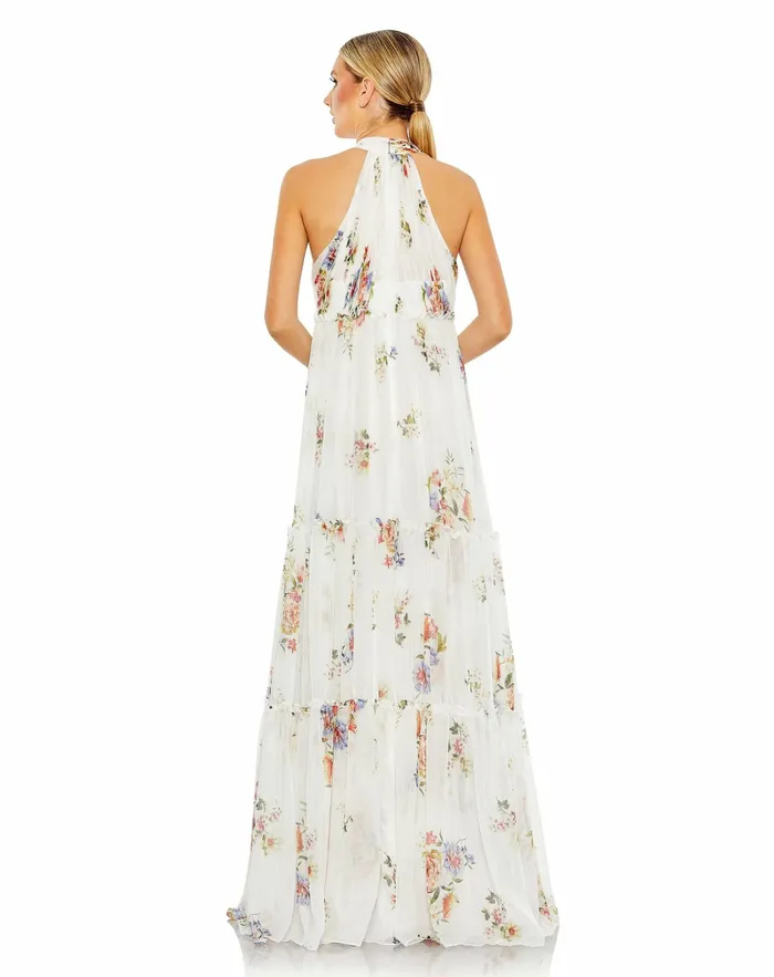 Mac Duggal Floral Print Ruched Tiered High Neck Bow Gown White Multi Women Evening Gowns