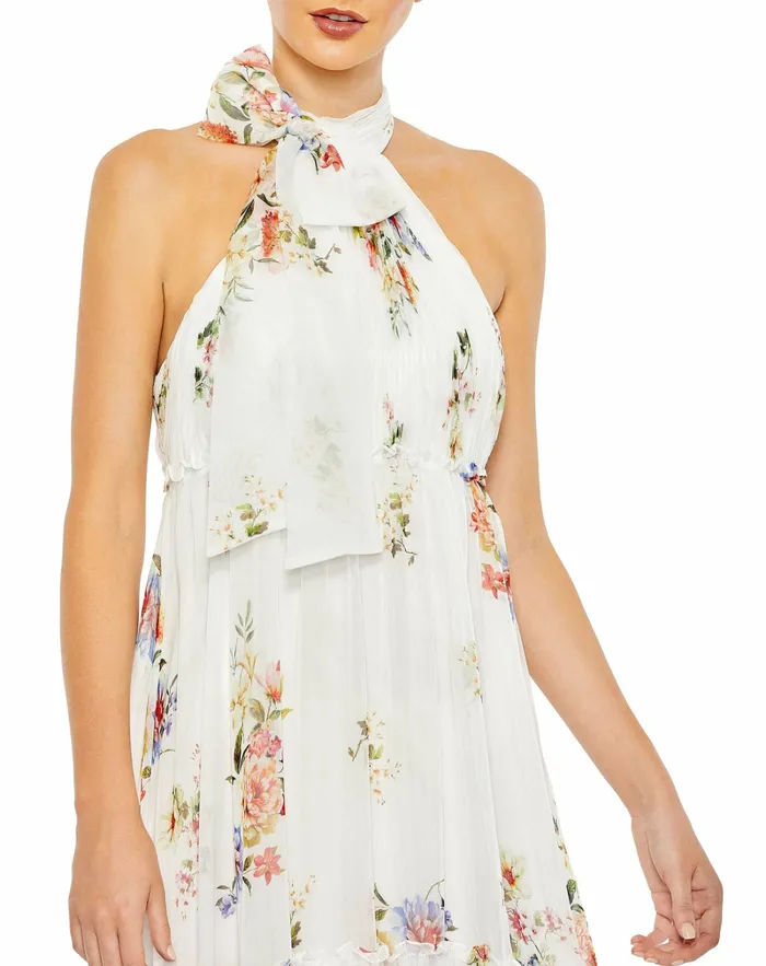 Mac Duggal Floral Print Ruched Tiered High Neck Bow Gown White Multi Women Evening Gowns