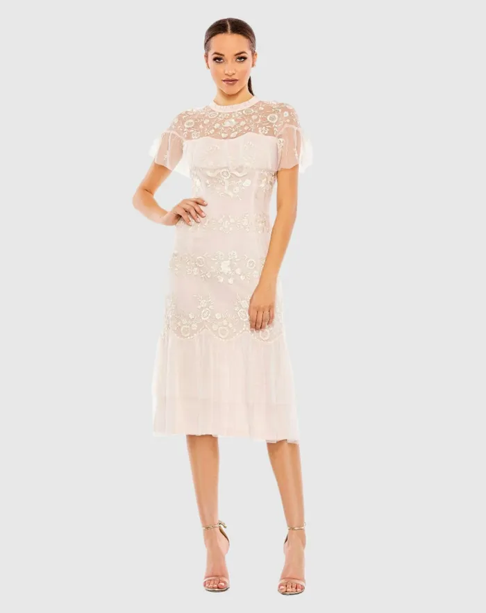 Mac Duggal High Neck Mesh Tier Embroidered Dress Blush Women Cocktail Dresses
