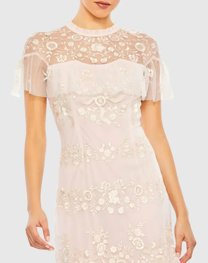 Mac Duggal High Neck Mesh Tier Embroidered Dress Blush Women Cocktail Dresses Mac Duggal High Neck Mesh Tier Embroidered Dress Blush Women Cocktail Dresses