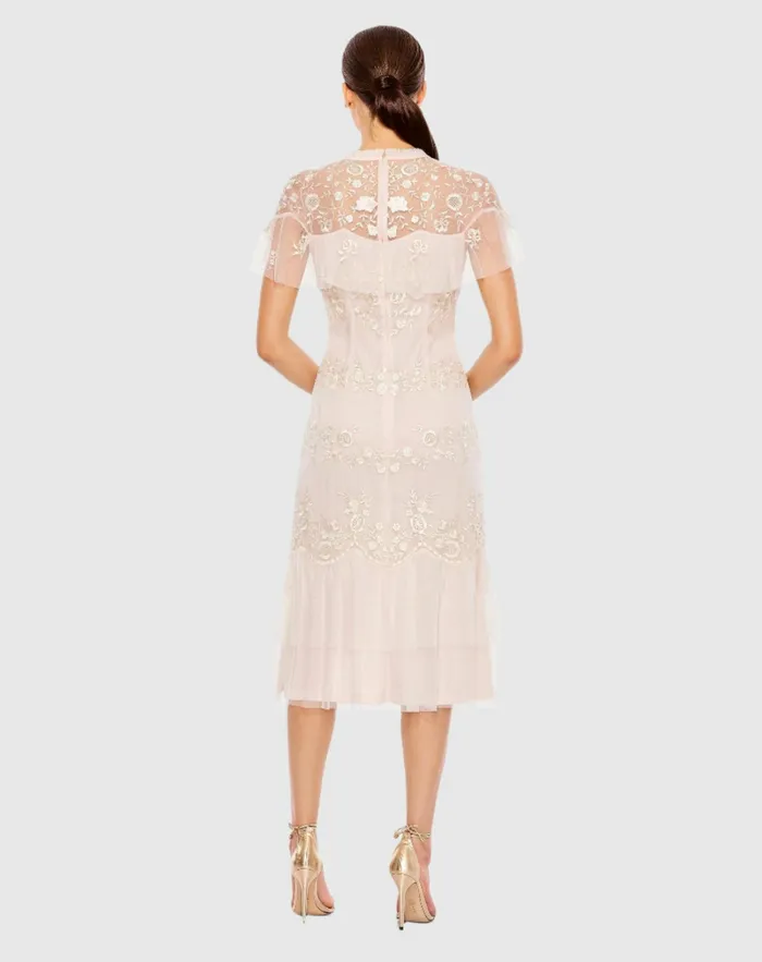 Mac Duggal High Neck Mesh Tier Embroidered Dress Blush Women Cocktail Dresses Mac Duggal High Neck Mesh Tier Embroidered Dress Blush Women Cocktail Dresses