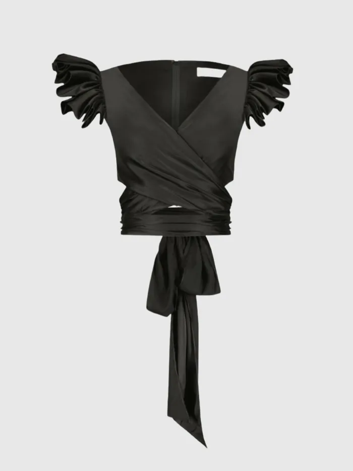 Mac Duggal Ruffle Cap Sleeve Wrap Top Black Women Blouses and Tops