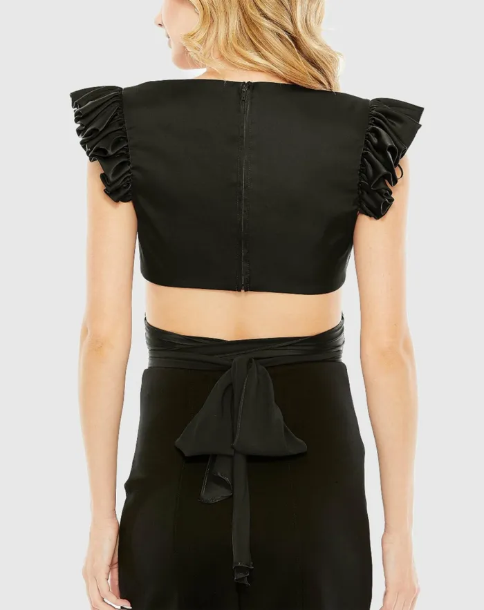 Mac Duggal Ruffle Cap Sleeve Wrap Top Black Women Blouses and Tops