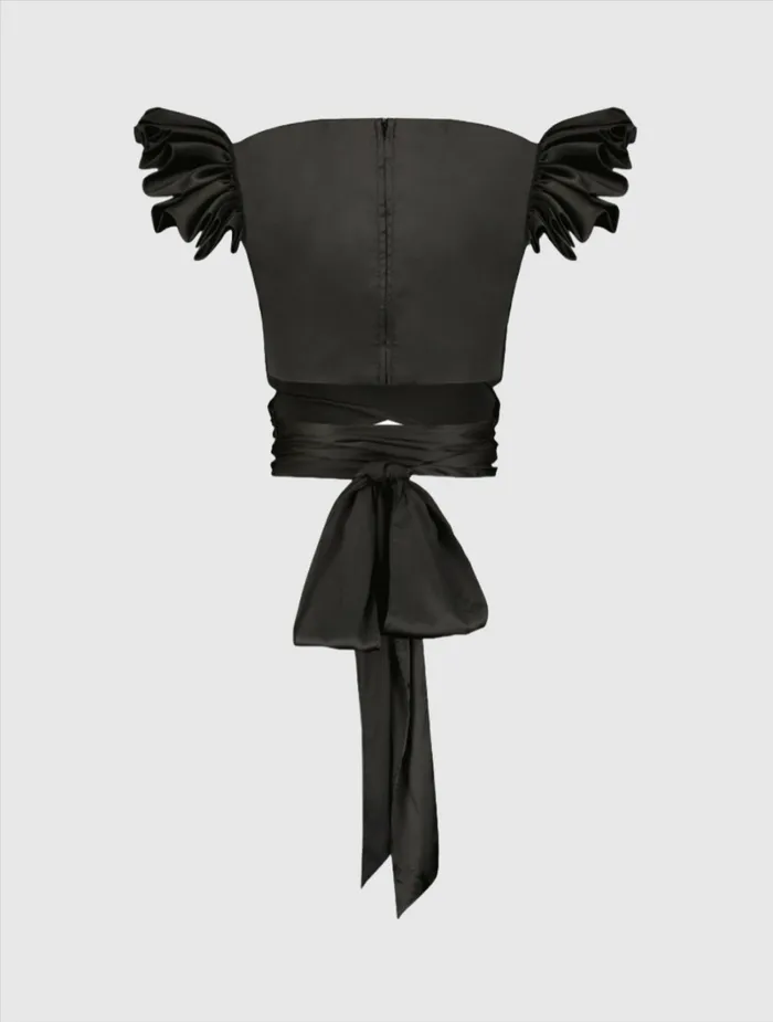 Mac Duggal Ruffle Cap Sleeve Wrap Top Black Women Blouses and Tops