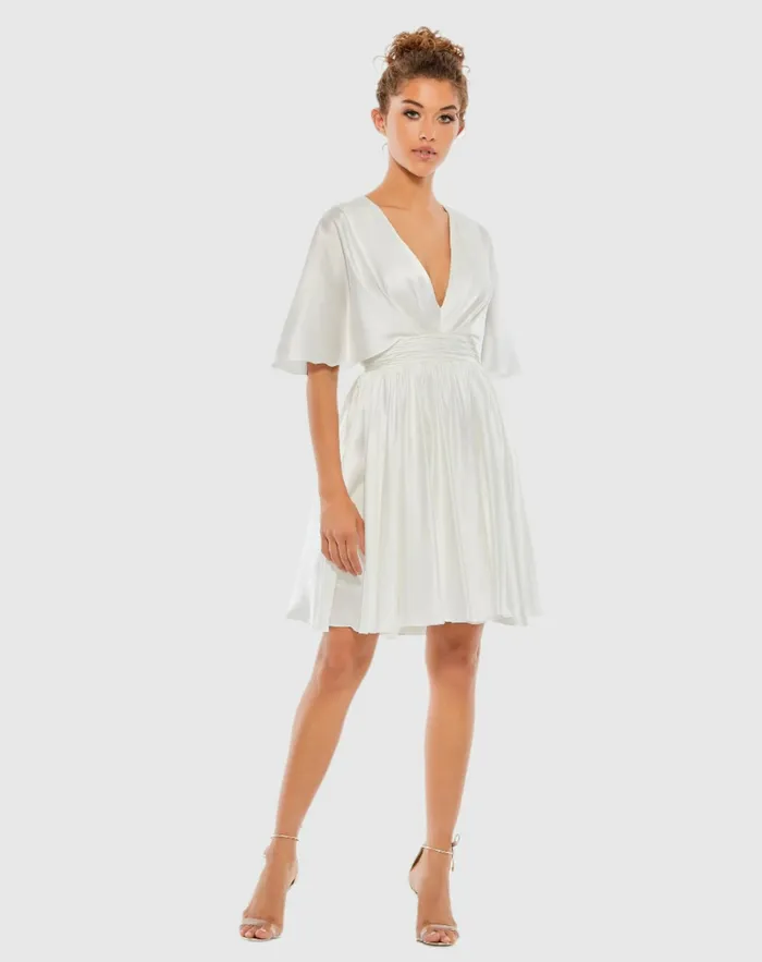 Mac Duggal White Satin Flowy Cape Sleeve Mini Dress 8211 FINAL SALE White Women Daytime Dresses Mac Duggal White Satin Flowy Cape Sleeve Mini Dress 8211 FINAL SALE White Women Daytime Dresses