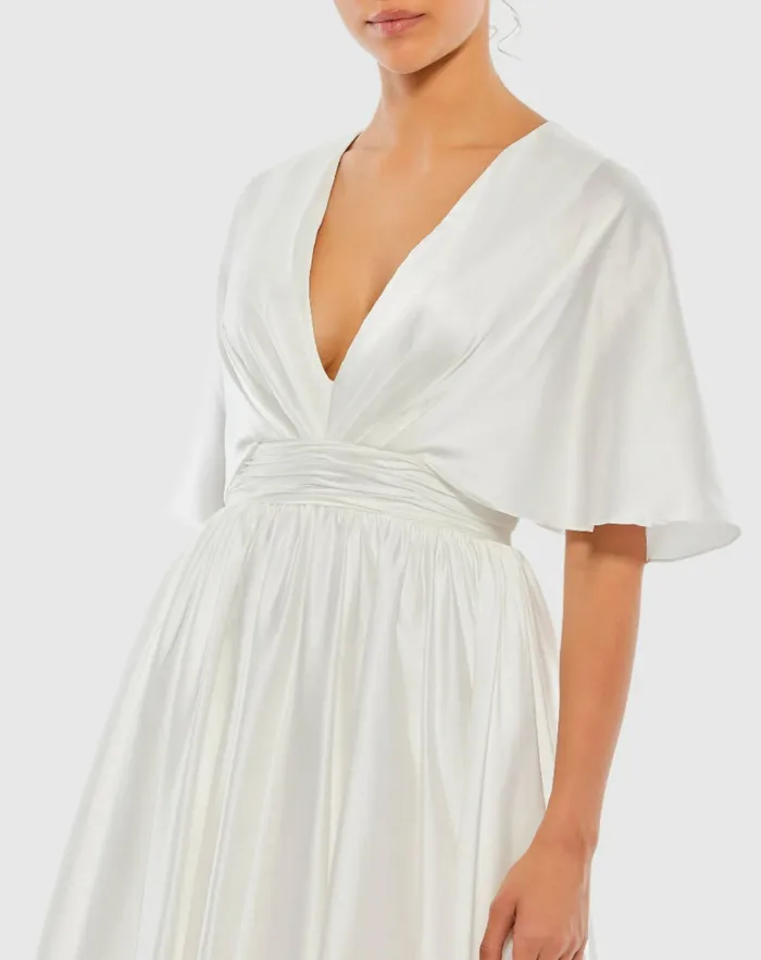 Mac Duggal White Satin Flowy Cape Sleeve Mini Dress 8211 FINAL SALE White Women Daytime Dresses