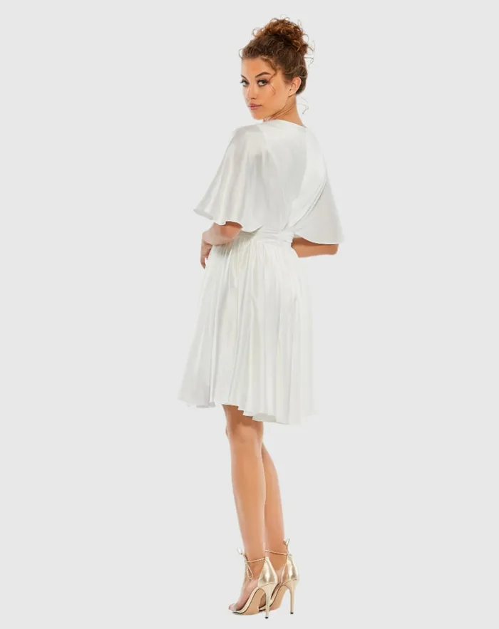 Mac Duggal White Satin Flowy Cape Sleeve Mini Dress 8211 FINAL SALE White Women Daytime Dresses