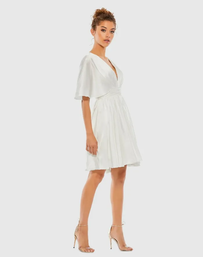 Mac Duggal White Satin Flowy Cape Sleeve Mini Dress 8211 FINAL SALE White Women Daytime Dresses