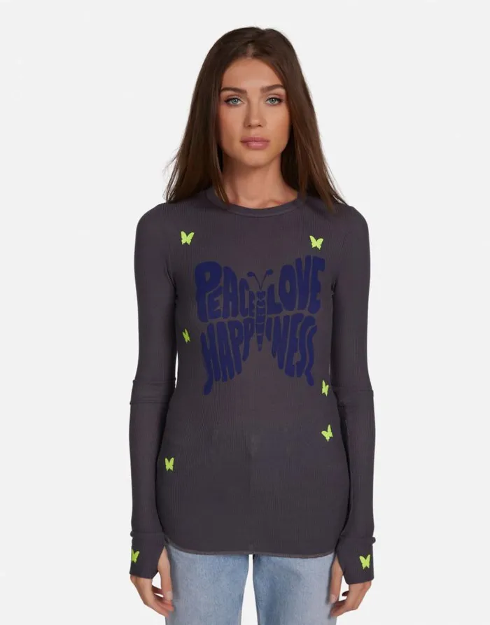 McKinley Neon Peace Love Butterflies Light Onyx Women Lauren Moshi Long Sleeve