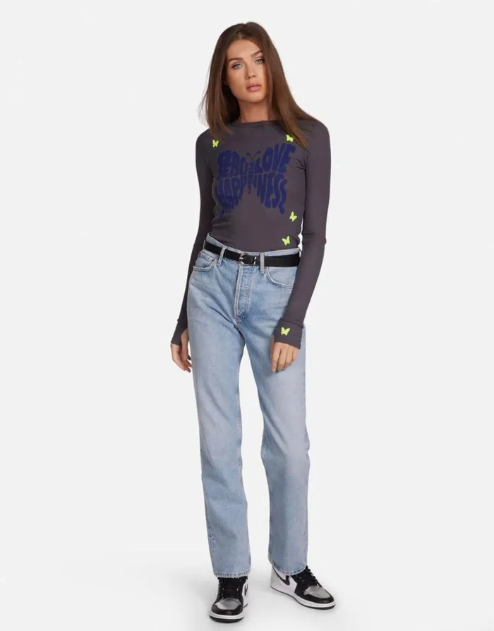 McKinley Neon Peace Love Butterflies Light Onyx Women Lauren Moshi Long Sleeve