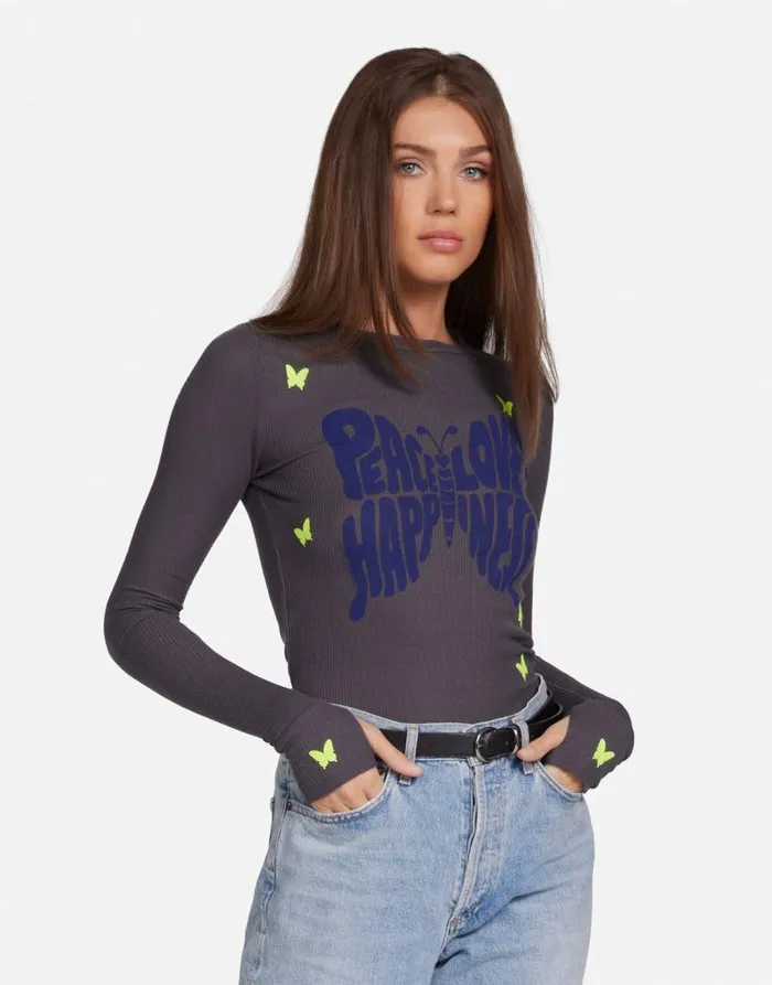 McKinley Neon Peace Love Butterflies Light Onyx Women Lauren Moshi Long Sleeve