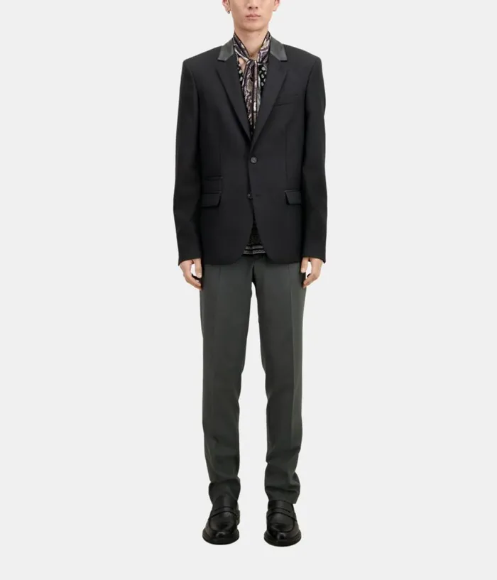 Men Blazers and Suits THE KOOPLES Black Wool Blazer With Leather Details