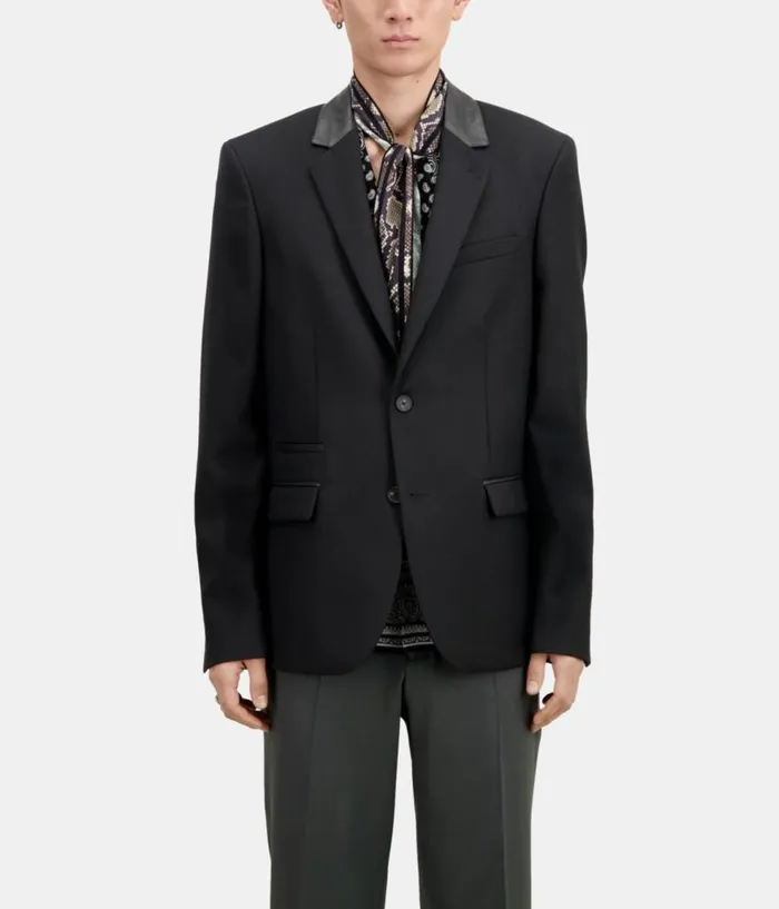 Men Blazers and Suits THE KOOPLES Black Wool Blazer With Leather Details Men Blazers and Suits THE KOOPLES Black Wool Blazer With Leather Details