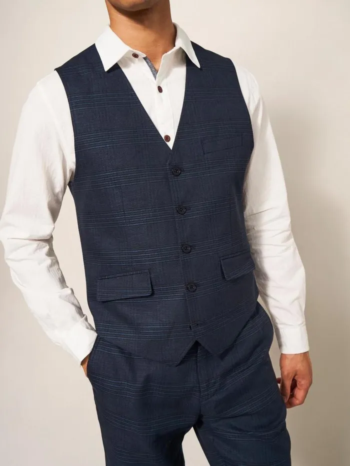 Men BLAZERS White Stuff Harrison Check Waistcoat Deep Blue Men BLAZERS White Stuff Harrison Check Waistcoat Deep Blue