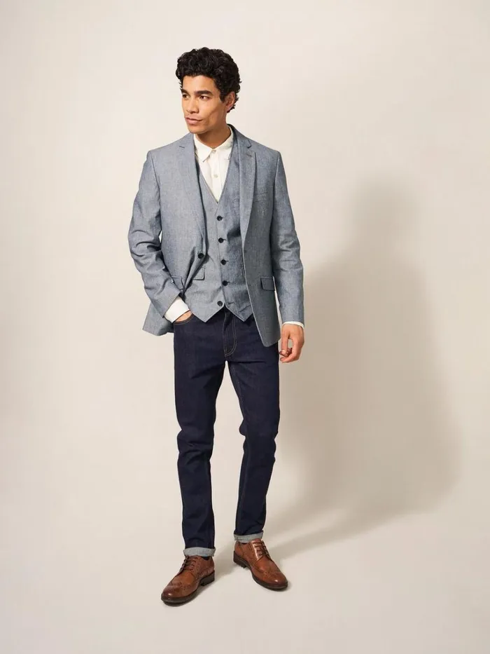 Men BLAZERS White Stuff Heath Chambray Waistcoat Chambray Blue