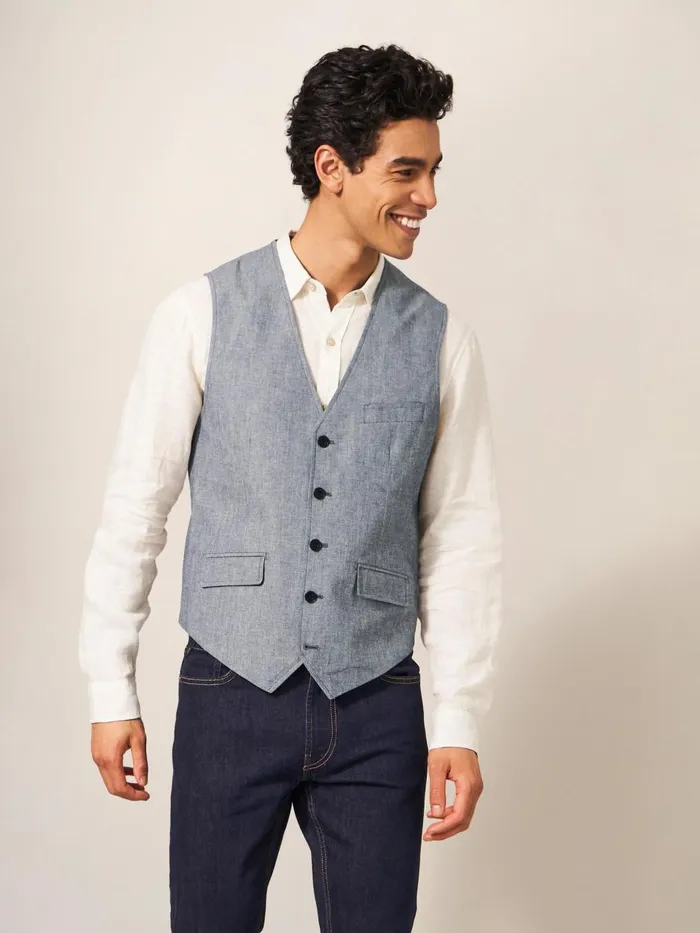 Men BLAZERS White Stuff Heath Chambray Waistcoat Chambray Blue Men BLAZERS White Stuff Heath Chambray Waistcoat Chambray Blue