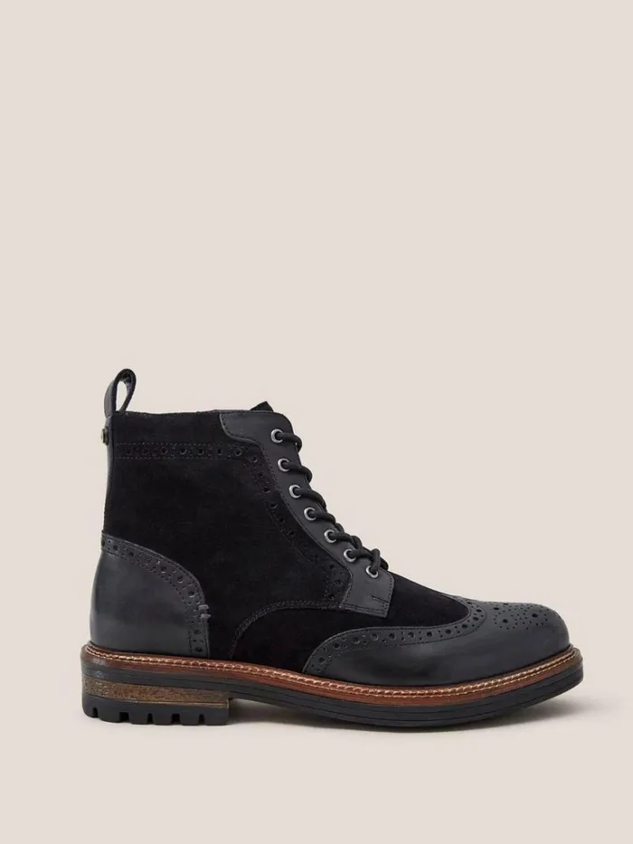 Men BOOTS White Stuff Brogue Leather Lace Up Boot Pure Black