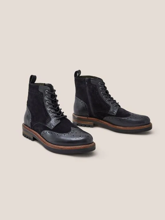 Men BOOTS White Stuff Brogue Leather Lace Up Boot Pure Black Men BOOTS White Stuff Brogue Leather Lace Up Boot Pure Black