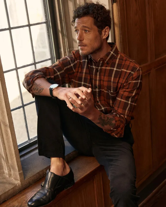 Men Brushed Bold Plaid Tuscumbia Shirt Orangerust Billy Reid Shirting