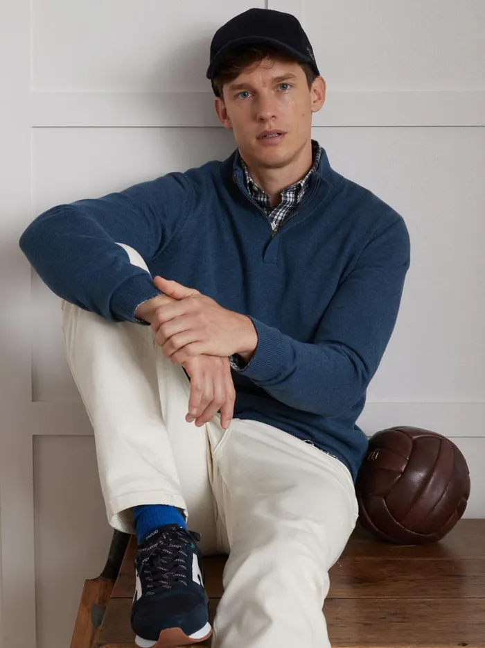 Men Clothing Cyrillus High Neck Cotton Silk And Cashmere Sweater Bleu Jeans