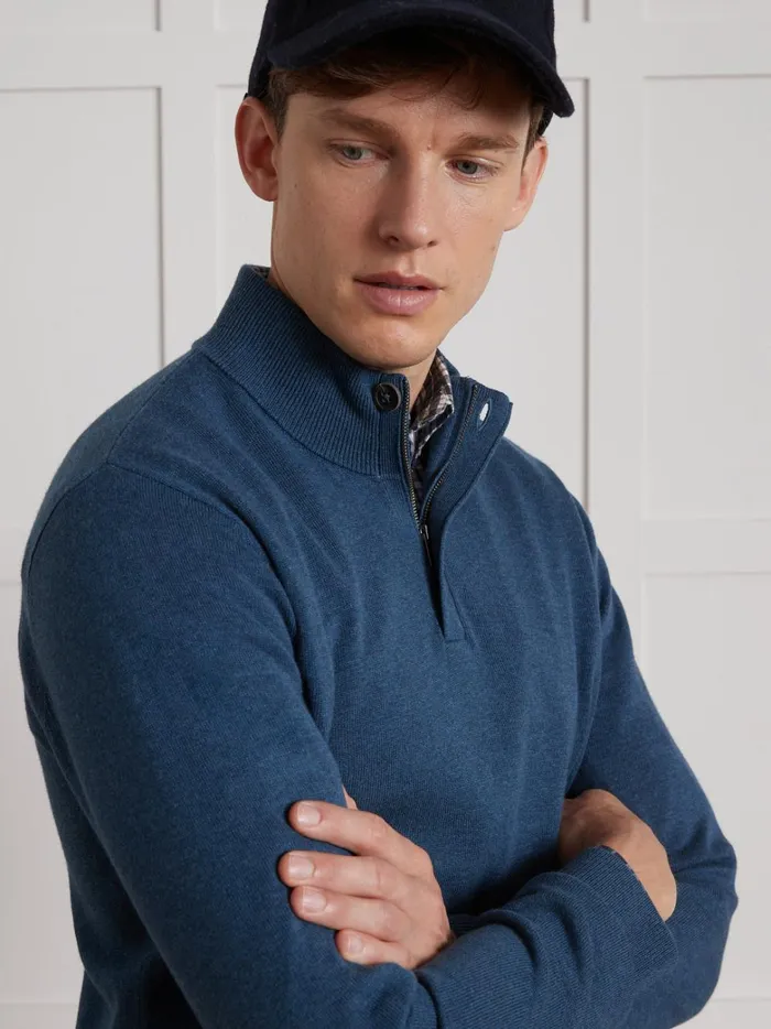 Men Clothing Cyrillus High Neck Cotton Silk And Cashmere Sweater Bleu Jeans