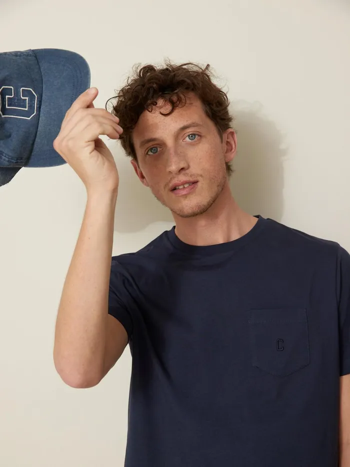 Men Clothing Cyrillus Plain Embroidered Organic Cotton TShirt Marine