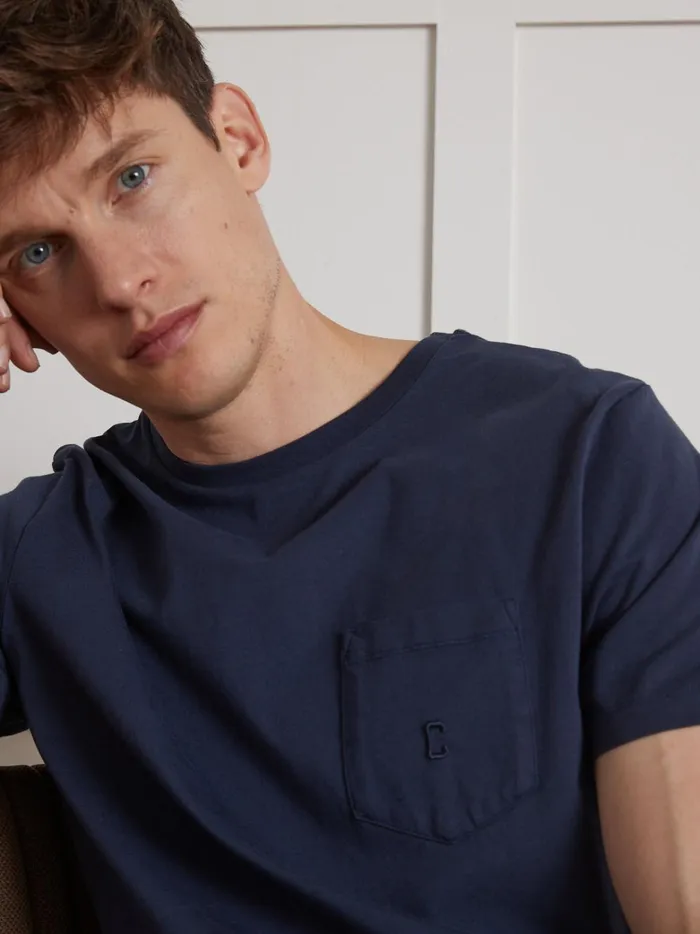 Men Clothing Cyrillus Plain Embroidered Organic Cotton TShirt Marine