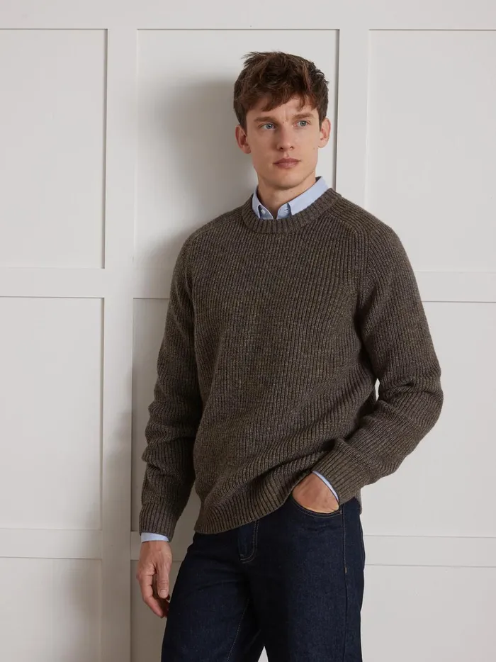 Men Clothing Cyrillus Shaker Knit Sweater With Round Neckline Marron Glace