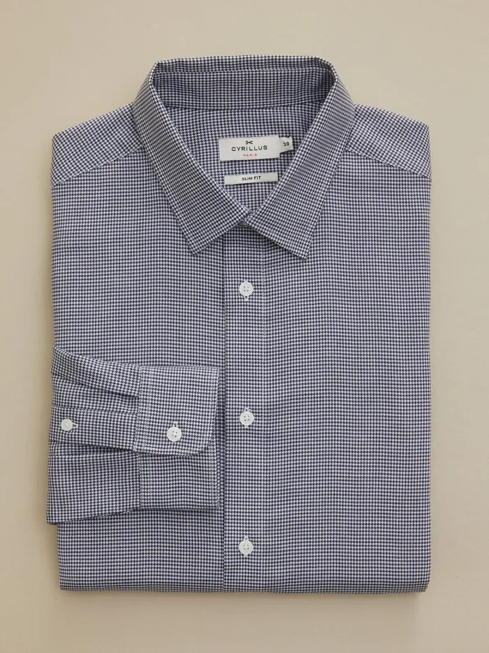 Men Clothing Cyrillus Slim Fit NonIron Mini Houndstooth Shirt Bleu Vif Imprime