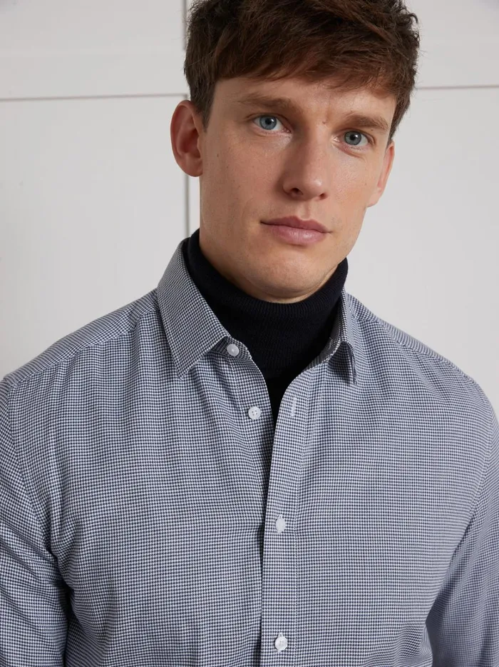 Men Clothing Cyrillus Slim Fit NonIron Mini Houndstooth Shirt Bleu Vif Imprime